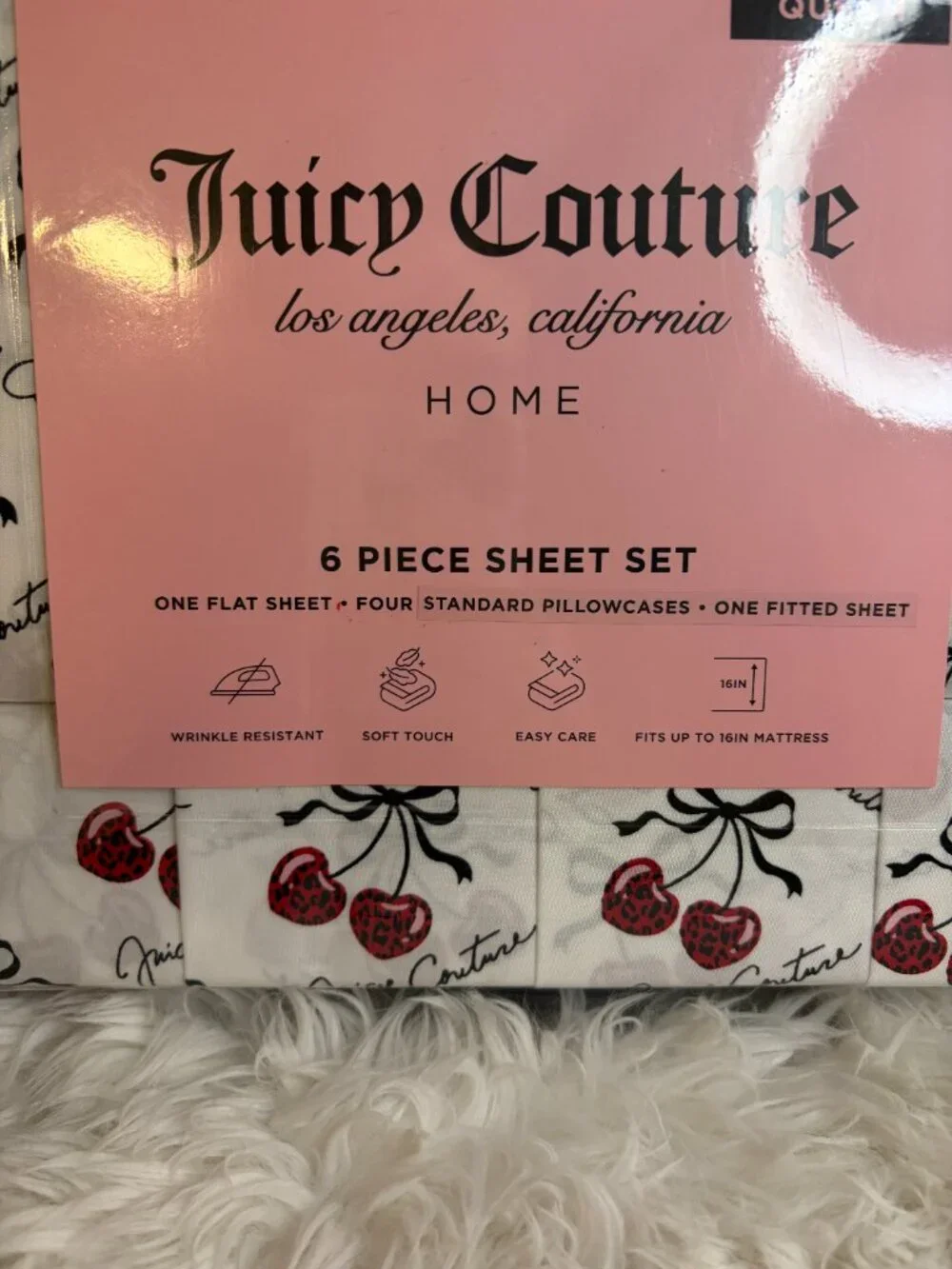 Juicy Couture Queen Cherry Bow Sheet Set 6 Pc White Black Pink NWT